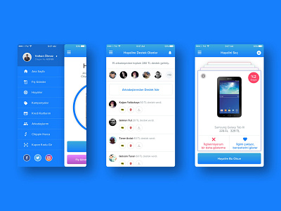 Chippin app application blue chippin feed friends menu mobile navigation side ui ux
