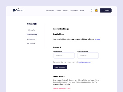 Simple Account settings page design