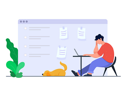 Work Overload bored cartoon character cartoon design character designer dog flat freelancer illustration laptop minimal stressed ui vector web work desk