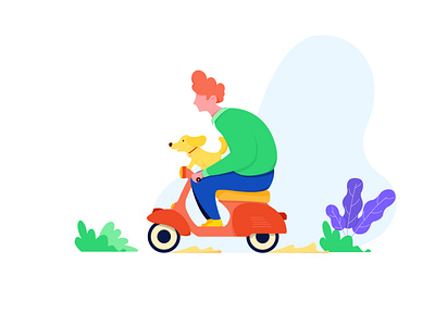 Scooter boy cartoon character cartoon design character design dog flat illustration ride scooter vector web website