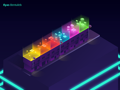 My neighborhood appartements connection designer house internet isometric light neighbrhood neon night street