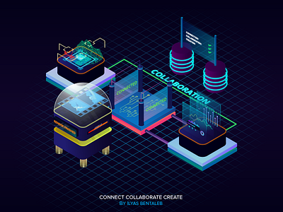 Connect Collaborate Create arcade audio grid infographics isometric light neon render retro ui ux vector vfx