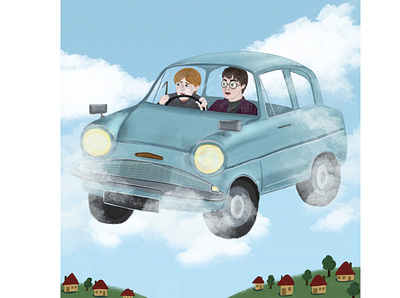 Harry Potter and Ron Weasley in a Ford car book illustration design fan art ford harry potter illustration ron weasley