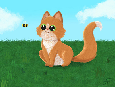 Cute red cat meeting a bee been book illustration cat character children cute illustration