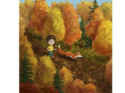 Autumn day autumn book illustration boy character children cute forest fox golden illustration