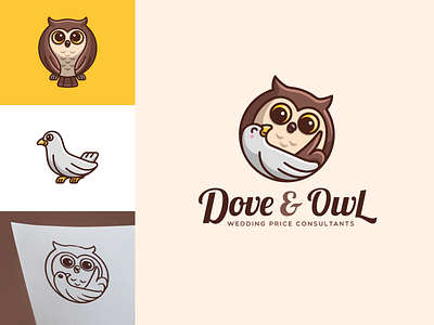 Dove & Owl adorable animal branding cartoon character circle consultation cute dove geometric guidance illustrative logo marriage mascot owl sketch talking wedding wise