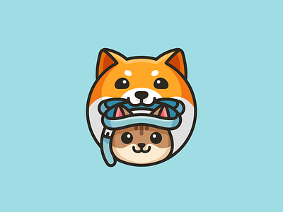 Dog, Cat, and Leash adorable animal brand branding cartoon cat character circle cute dog walking fun geometry grooming illustrative leash logo identity pet sitting playful shiba inu torbie training