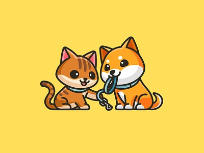 Dog, Cat, and Leash - 02 adorable branding cartoon cat character cute dog walking fun grooming happy identity illustrative leash logo pet sitting playful playing shiba inu torbie training