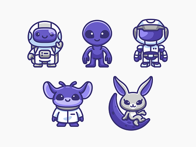 Space Characters adorable alien app astronaut avatar bunny character chibi cute friendly game gaming illustration mascot monster moon rabbit outer robot simple space