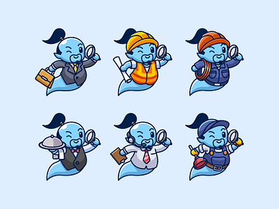 Genie Mascot adorable attire call center career character construction worker cute electrician employee employment game genie illustration job mascot plumber profession search waiter work