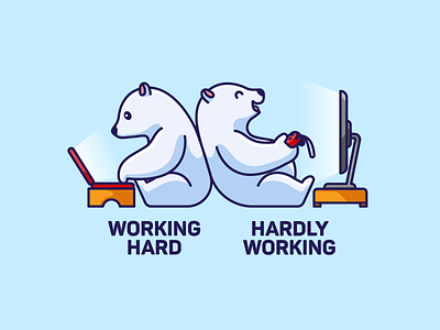 Working Hard / Hardly Working animal cartoon character cute diligence enjoy happy humor illustration joke laptop lazy life mascot playful polar bear switch tshirt work hard working