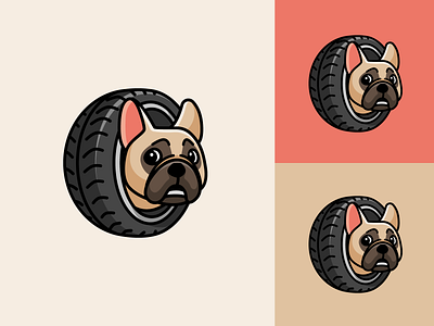 Frenchie and Tire adorable animal car crazy cute dog french bulldog frenchie fun funny garage identity illustrative logo mascot logo pet playful race tire tyre