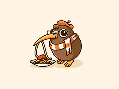 Kiwi the Food Critic adorable bird character coffee shop critic critique cute eat food fun illustrative logo kiwi lovely mascot logo playful restaurant review reviewer spaghetti taste