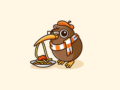 Kiwi the Food Critic adorable bird character coffee shop critic critique cute eat food fun illustrative logo kiwi lovely mascot logo playful restaurant review reviewer spaghetti taste