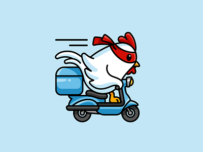 Chicken Delivery! adorable cartoon chicken cute delivery fast food fun funny identity illustrative logo logo mascot logo mask motorcycle playful restaurant riding scooter speed