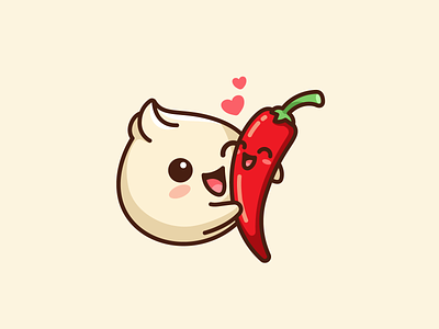 Steamed Bun and Red Pepper adorable bao cartoon character china chinese cute dimsum food friends happy hugging illustrative kawaii logo love lovely mascot red pepper steamed bun