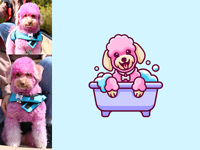 Poodle in a Bathtub adorable animal bathtub branding cartoon character cute dog doggy fluffy grooming happy illustrative logo mascot pet pink poodle puppy salon
