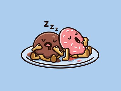 Sleeping Donuts adorable cartoon character culinary cute dessert donuts eat food funny illustration lazy mascot plate playful relaxing sleeping snack snoring table