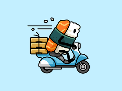 Sushi Delivery! adorable cartoon character cute delivery dishes fast food fun illustrative logo japanese logo mascot meal motorcycle playful restaurant riding scooter sushi