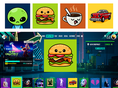 Crayta Player Cards adorable alien art avatar burger car character coffee cute friendly game gaming hamburger happy illustration illustrative icon mascot multiplayer player card simple