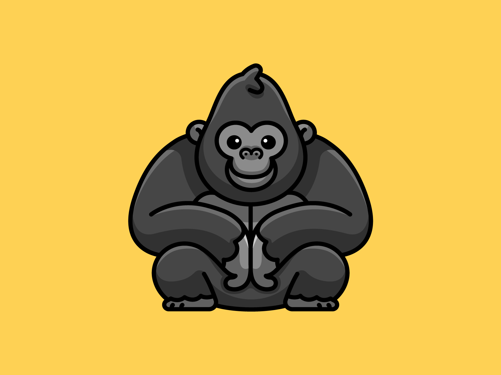 Gorilla mascot character playful cool sticker design symmetry simple illustration happy friendly smiling crouching sitting monkey kingkong ape adorable funny cute gorilla