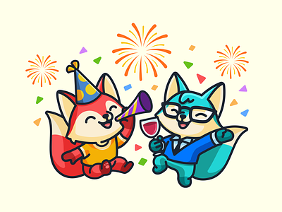 Happy New Year 2022! 2022 adorable blue cartoon celebration character cheerful cute fox happy illustration illustrative jumping mascot new year party red thunk trumpet wine
