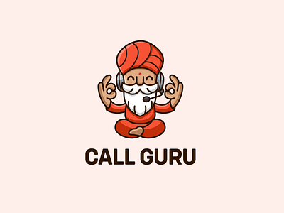 Call Guru brand branding cartoon cute fun guru headphone headset identity logo lotus master meditation ok okay phone playful smiling technology yoga