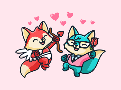 Happy Valentine's Day! adorable angel cartoon celebration character cheerful couple cupid cute fox happy heart illustration illustrative jump love mascot party red valentine