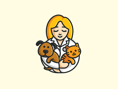 Veterinary animal character care clinic cute fun funny doctor people flat cartoon comic friendly cat geometry geometric hug warm illustrative illustration logo identity medical food pet dog puppy veterinary veterinarian