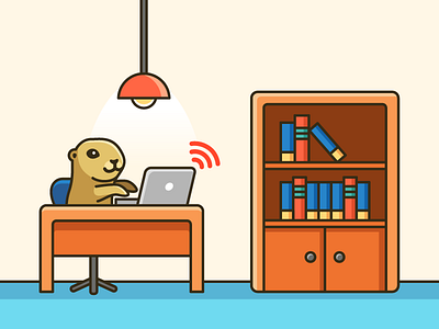 Office Environment - 01 animal pet cabinet cupboard desk chair flat color illustrative illustration landing page laptop wifi prairie dog room lamp social group ui ux website work workspace