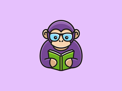 Monkey Reading - 02 book learning brand branding cartoon character cute fun funny geek nerd glasses sunglasses illustrative illustration logo identity monkey animal read reading school education smart creative