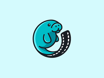 Manatee + Film Strip brand branding cartoon cinema character mascot cute fun friendly film production logo identity manatee dugong movie reel strip sea animal smart creative tv television video production