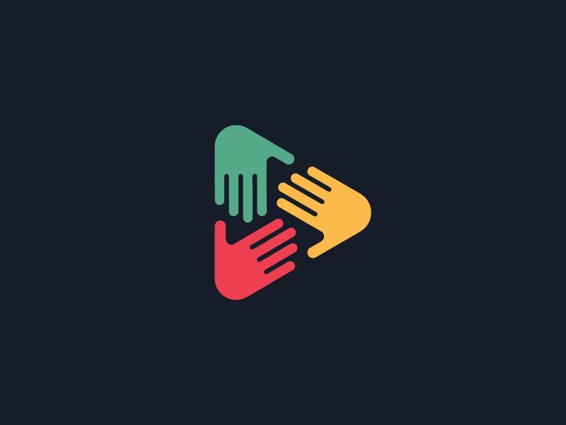 Hands + Play Button creative idea smart clever group unity video movie digital media community people work partnership collaboration together hands teamwork play button brand branding logo identity