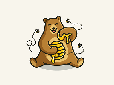 Bear & Hive bee insect cartoon comic character illustration cute adorable friendly mascot fun funny grizzly bear happy eating happy sitting hive honey illustrative animal ui ux website