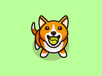 Dog & Tennis Ball - 03 adorable happy cartoon mascot cute fun funny dog animal friendly smile illustrative illustration logo identity perspective angle pet sitting puppy corgi sport play tennis ball