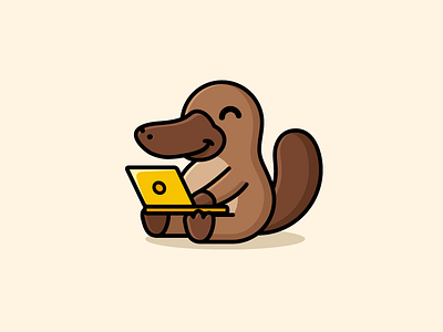 Platypus adorable simple brand branding character illustration cute mascot happy smile laptop notebook logo identity minimalist modern platypus animal publish publishing sit sitting work working