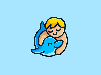 Kid and Dolphin brand branding care love character mascot child children cute fun funny dolphin animal geometry geometric hug hugging illustrative illustration kid boy logo identity sea ocean