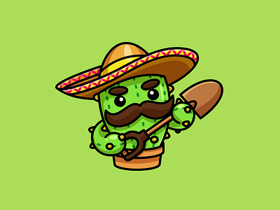 Mr. Cactus bandit weapon cactus needle character mascot cool cartoon cute fun funny farm farmer illustrative illustration mexico mexican mustache beard plant vegetable shovel dig sombrero hat