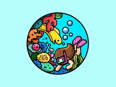 Girl Snorkeling brand branding character mascot child children coral reef cute fun funny dive diving eel critters girl snorkeling illustration scene logo identity sea ocean swim swimming