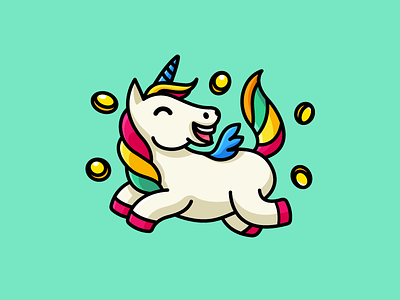Happy Unicorn adorable crazy brand branding cartoon comic coin luck color colorful cryptocurrency bitcoin cute fun funny fairy tale fly flying happy laugh horn fantasy illustrative illustration joyful expression kids children logo identity mascot design rich success tshirt apparel website ui ux wing jumping