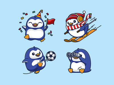 Additional Poses adorable lovely antarctic antarctica avatar icons ball flag binoculars see bird animal brand branding celebratory celebration character mascot cute fun funny fat chubby happy friendly ice frozen illustrative illustration party joyful pose position scarf hat skiing soccer winter cold