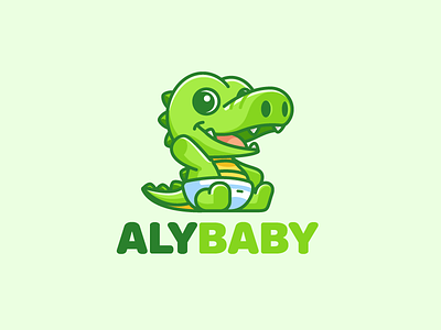 Baby Alligator alligator crocodile baby clothing brand branding bright green cartoon comic character mascot child children cute adorable diaper nappy ecommerce sale fun friendly happy laughing kids toddler logo identity sit sitting smile waving soft playful vibrant color wild animal zoo wildlife