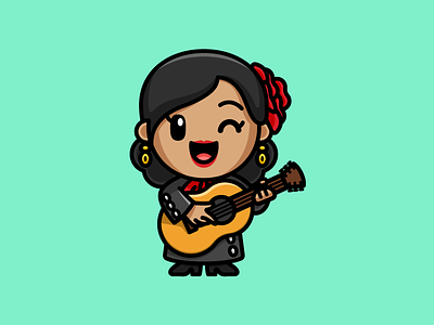 Lady Mariachi beauty beautiful bold outline cartoon comic character mascot cute fun funny flower pretty guitar music happy laugh illustrative illustration joyful instrument lady female mariachi mexico mexican woman musical group playful simple sing singing smile smiling sticker design women people