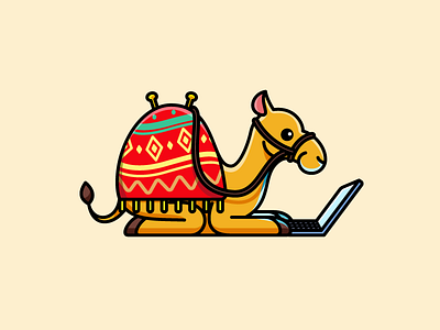 Camel Working on Laptop adventure nomad advertising agency brand branding camel working cartoon comic character mascot computer game cute fun funny digital marketing education tour exploration guidance happy smile humor humour illustrative illustration logo identity online internet playful style sitting laptop travel journey world wide