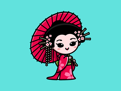 Geisha cartoon comic character mascot colorful pink cute adorable east asia elegance charming female beauty geisha umbrella glamour tradition history maiko illustrative illustration japan kyoto japanese culture kimono art lovely girl pretty beautiful soft feminine sticker design traditional clothing woman women