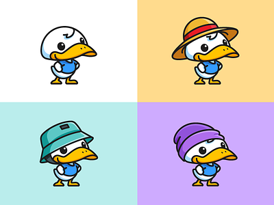 Duck and Hats animal bird cartoon comic character mascot child children colorful pastel cute fun funny duck beak fashion trend illustrative illustration lovely adorable pose model short bill smile confidence stand standing straw hat surf skating young kids