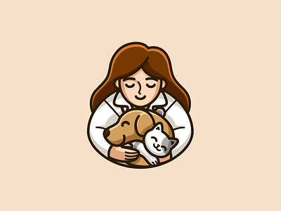 Veterinarian affection squeeze animal pet brand branding cartoon comic character mascot clinic practice compassiona people cute fun funny dog cat friendly friend hug hugging illustrative illustration logo identity love caring medical care outline stroke puppy kitten veterinarian doctor veterinary vet