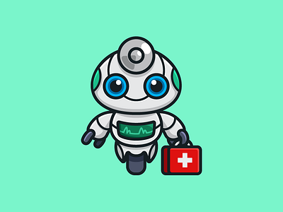 Medical Robot artificial intelligence assistant help bot cyborg cartoon comic character mascot child children cute fun funny electrocardiogram ecg friendly smile geometry geometric health care healthy life illustrative illustration logo identity medical kit nurse hospital physician doctor robot android smart clever technology techno