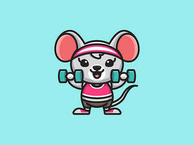 Rat Lifting Dumbbells barbell dumbbell body care cartoon comic character mascot child children cute fun funny female feminine fitness gym girl girly health healthy illustrative illustration logo identity pink turquoise rat mouse rodent mammal training exercise weightlifting sport woman women workout diet