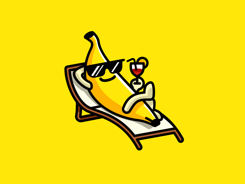 Relaxing Banana character cartoon sun sunglasses cocktail chair luxury banana towel holiday enjoy relaxing pool swimming pool lounge lounging mascot logo mascot identity logo